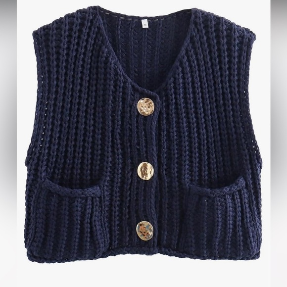 FindThy Cropped Sweater Vest Crewneck Sz L Sleeveless Crop Knit Cardigan - Picture 3 of 7